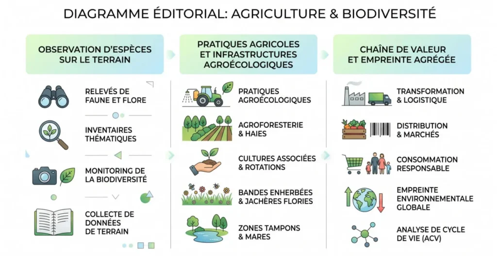 Schéma distinguant mesure d’espèces sur le terrain, diagnostic de pratiques et empreinte de chaîne de valeur. Schéma distinguant mesure d’espèces sur le terrain, diagnostic de pratiques et empreinte de chaîne de valeur.
